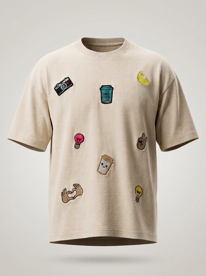 Patchwork Effect Oversized T-Shirt – Beige | Premium 240 GSM Cotton - DevilDrip.in