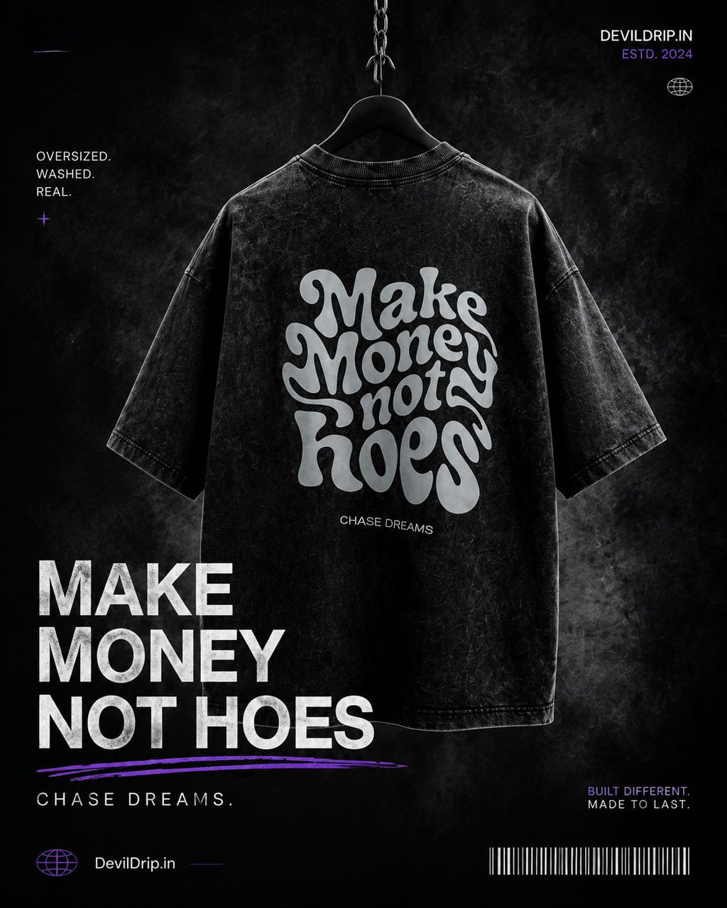 Chase Dreams Not Attention Oversized Black Graphic T-Shirt | 240 GSM Premium Cotton - DevilDrip.in