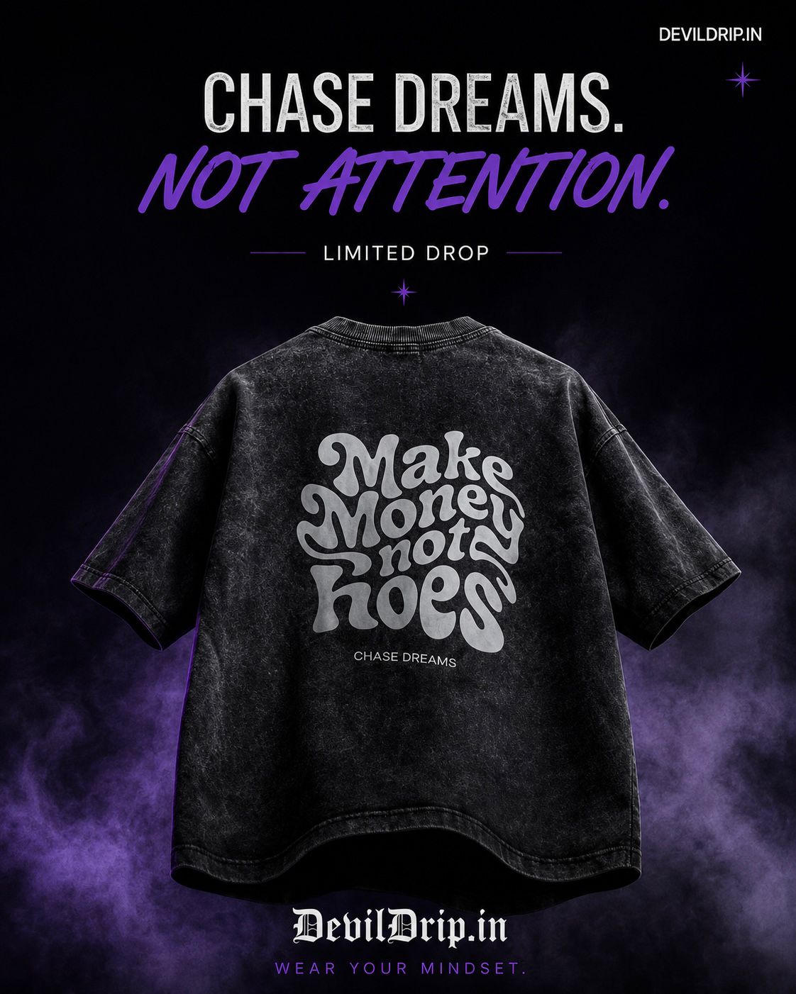 Chase Dreams Not Attention Oversized Black Graphic T-Shirt | 240 GSM Premium Cotton - DevilDrip.in