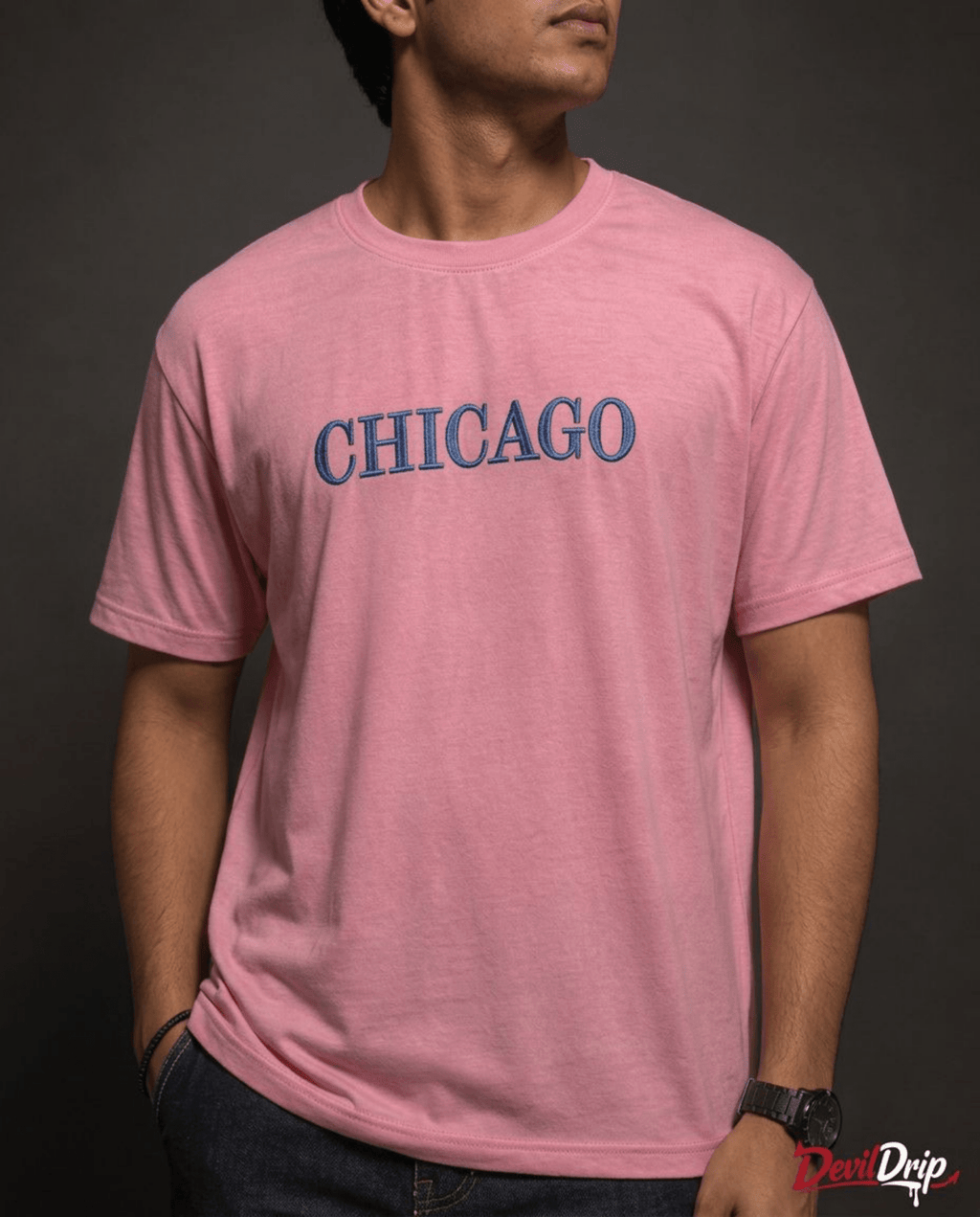 Chicago Embroidered Effect Regular Sized T-Shirt – Baby Pink - DevilDrip.in