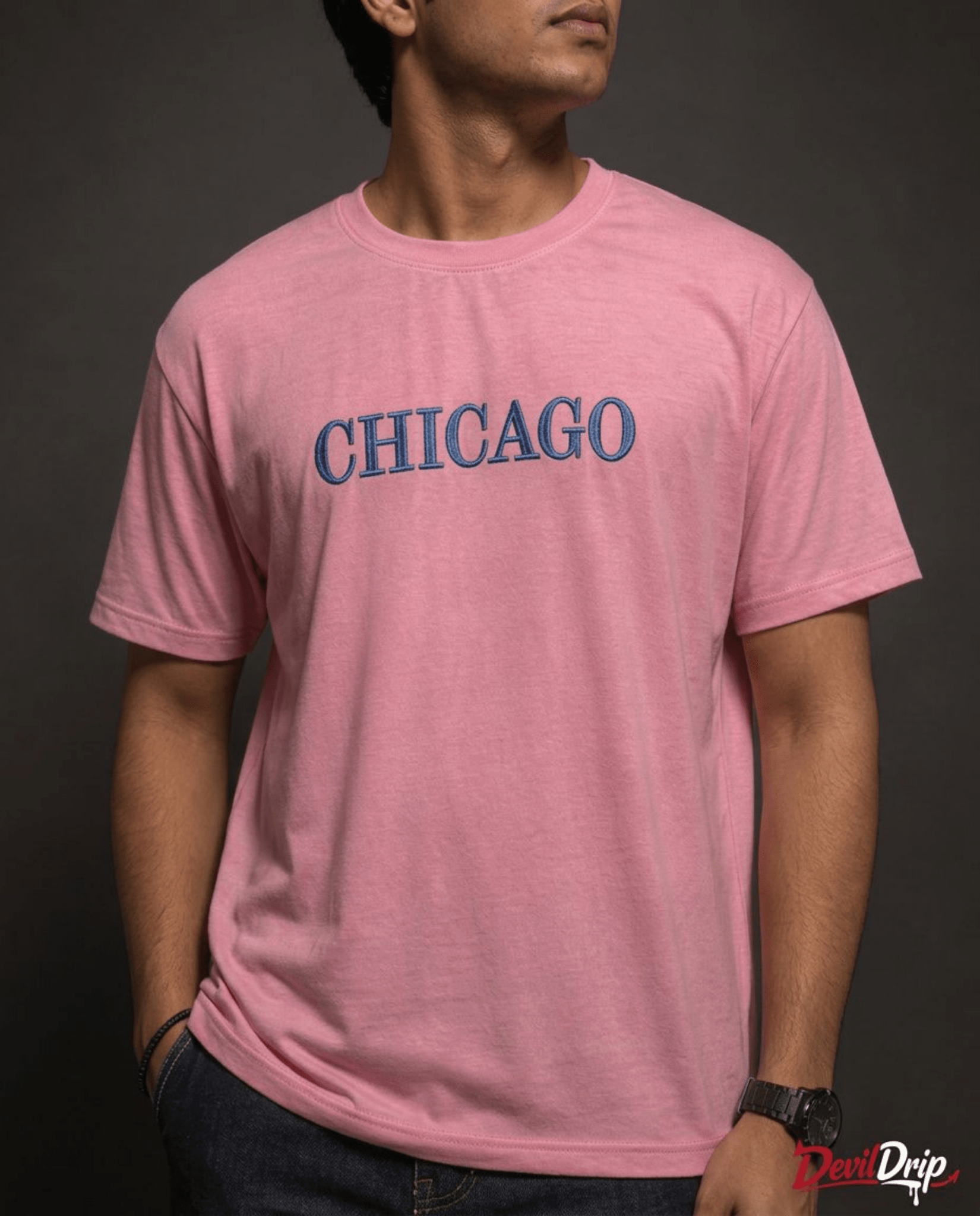 Chicago Embroidered Effect Regular Sized T-Shirt – Baby Pink - DevilDrip.in