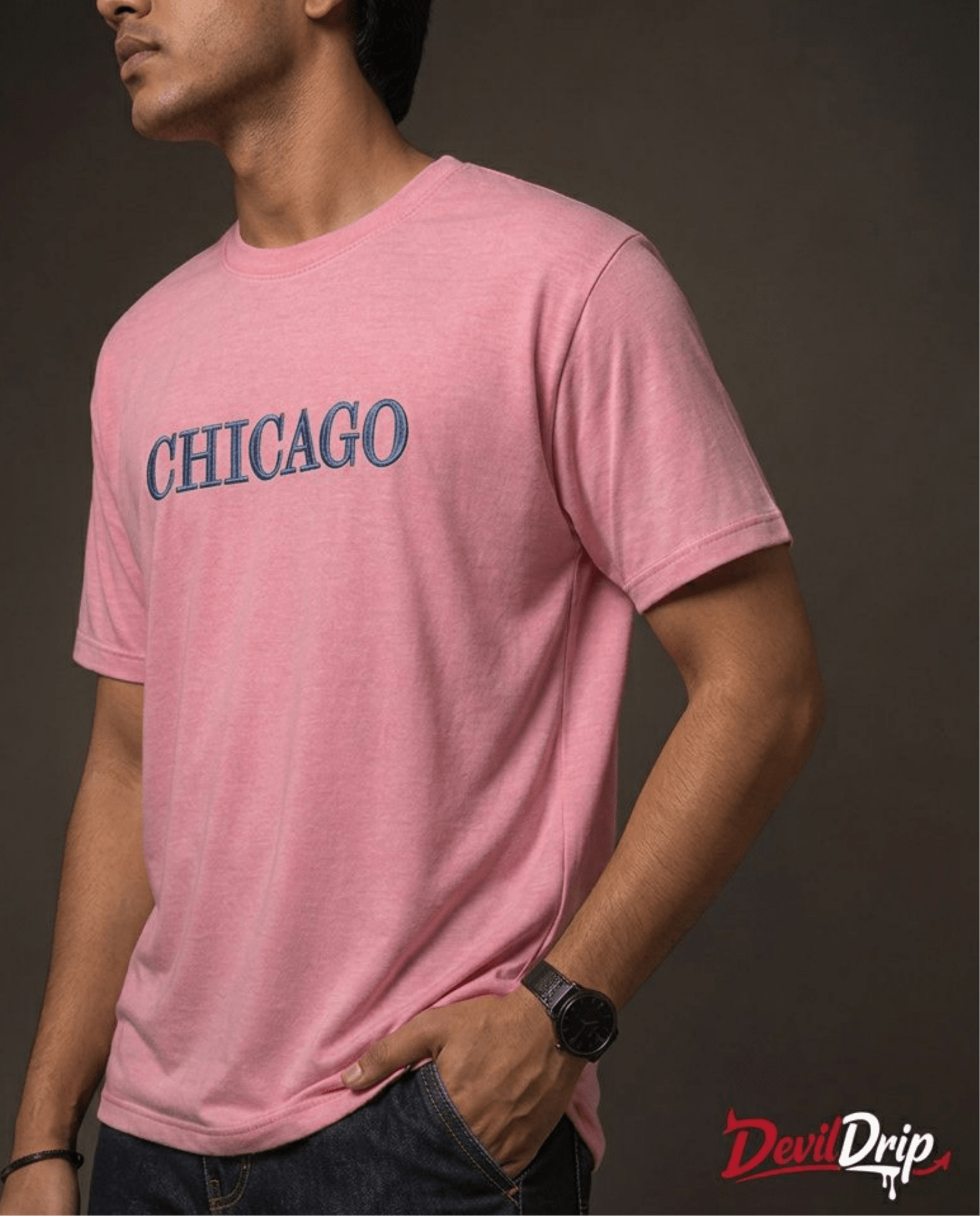 Chicago Embroidered Effect Regular Sized T-Shirt – Baby Pink - DevilDrip.in