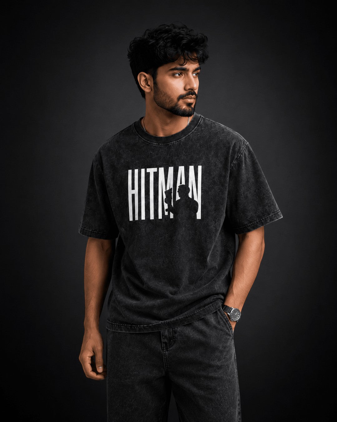 Hitman Graphic T-Shirt | Premium Oversized Unisex Acid Wash Cotton Tee - DevilDrip.in
