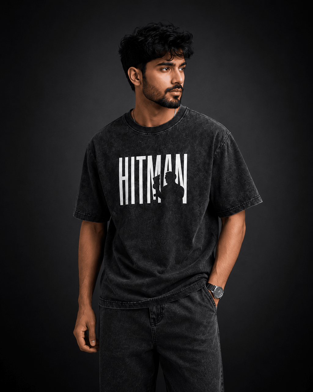 Hitman Graphic T-Shirt | Premium Oversized Unisex Acid Wash Cotton Tee - DevilDrip.in
