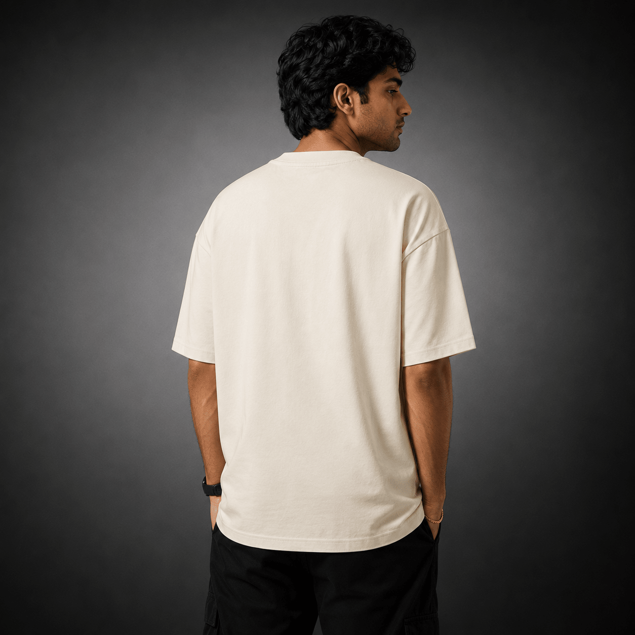 Patchwork Effect Oversized T-Shirt – Beige | Premium 240 GSM Cotton - DevilDrip.in