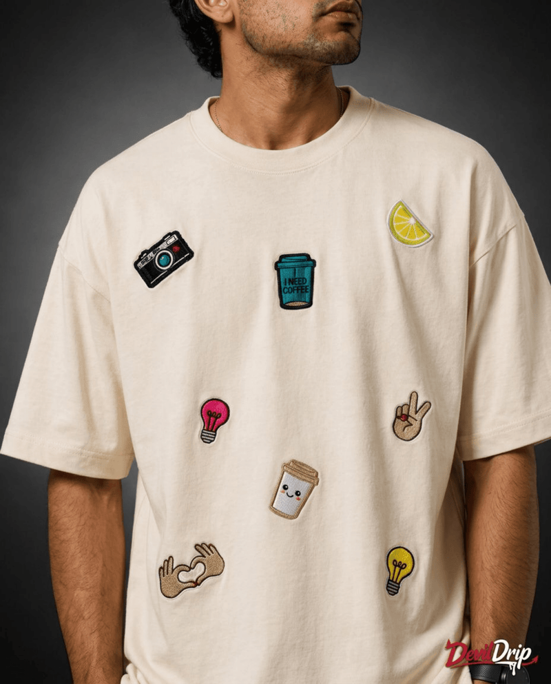 Patchwork Effect Oversized T-Shirt – Beige | Premium 240 GSM Cotton - DevilDrip.in