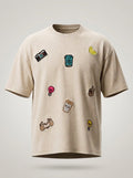 Patchwork Effect Oversized T-Shirt – Beige | Premium 240 GSM Cotton - DevilDrip.in