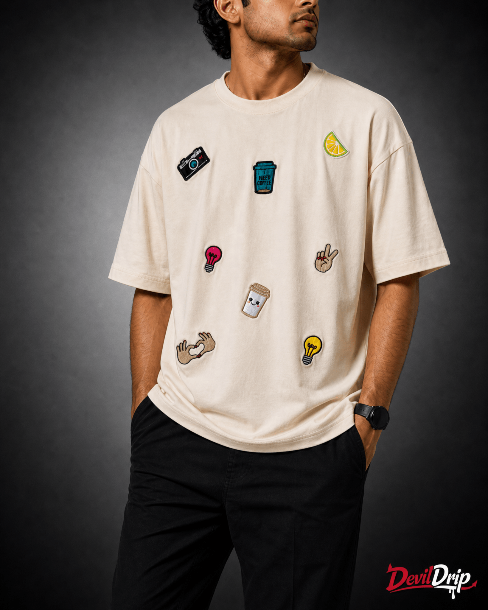 Patchwork Effect Oversized T-Shirt – Beige | Premium 240 GSM Cotton - DevilDrip.in